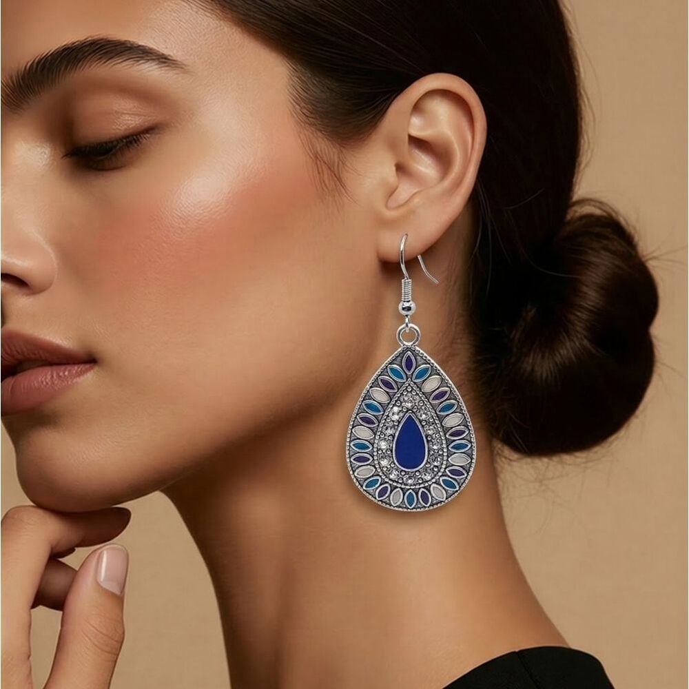 Blue Rhinestone Teardrop Mandala Dangle Earrings Boho Western Festival Jewelry